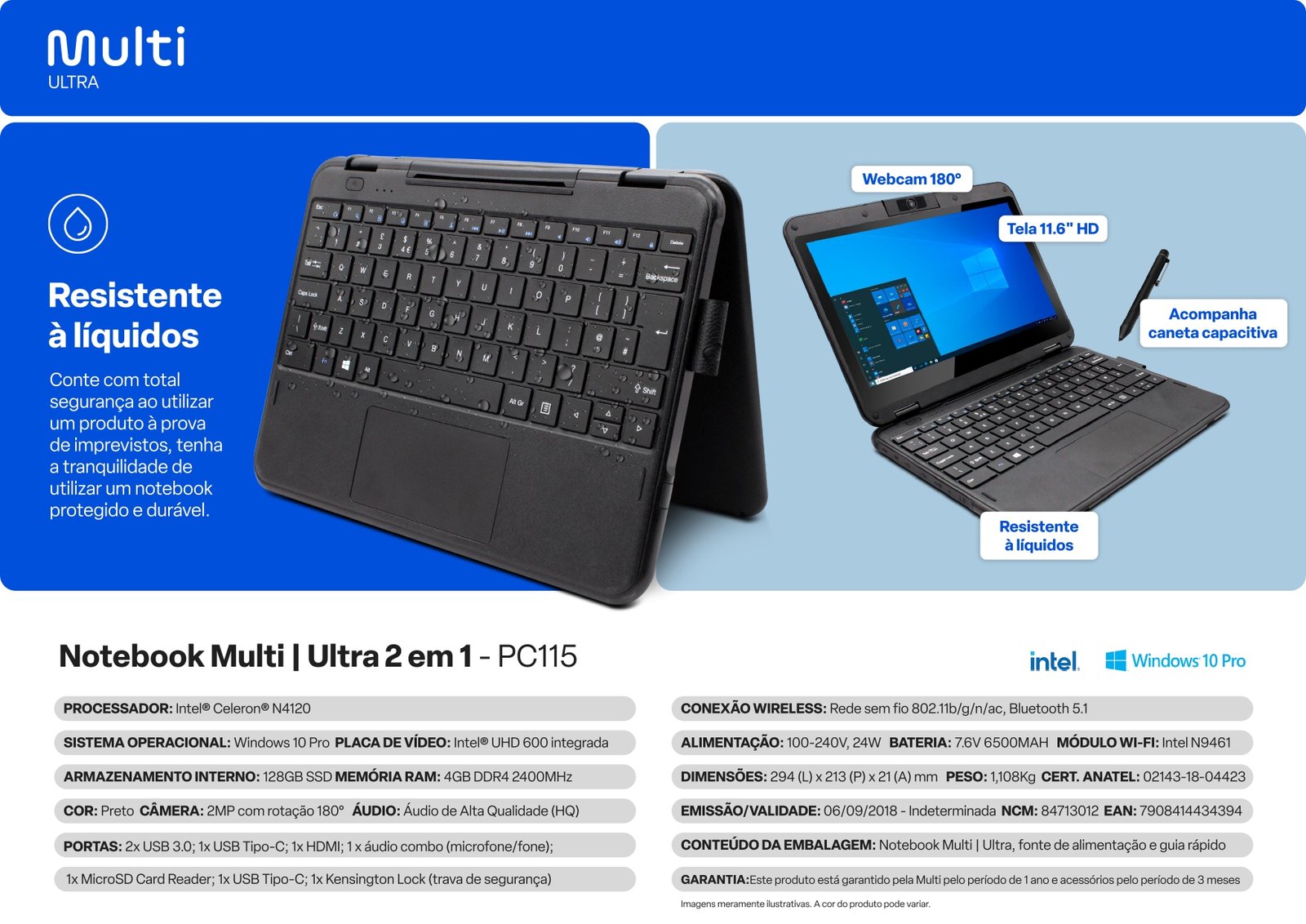Computador Notebook PC115 4GB RAM 120GB SSD Touch